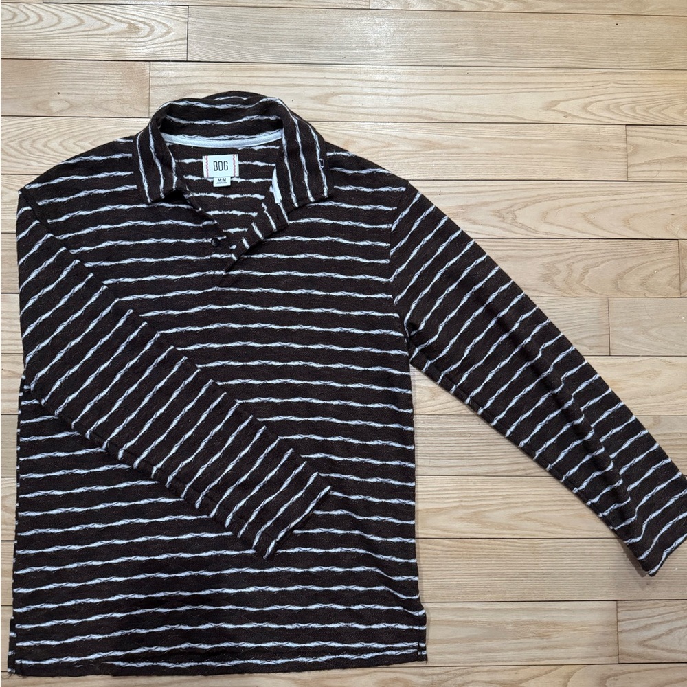 BDG Medium Brown White Striped L/S Polo